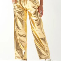 Womens Shiny Metallic Jogger Pants High Waist Stretchy Holographic Trousers 70s 80s Disco Sweatpant Hip Hop Club Wear