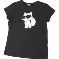 KARL LAGERFELD 大童裝 貓咪側身印花黑色莫代爾棉質TEE T恤