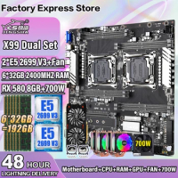 X99 Dual Motherboard LGA2011 V3V4 Set with 2*XEON E5 2699V3 CPU+Cooling Fan+192GB DDR4 ECC REG RAM+700W Power+RX580 8G X99 Kit