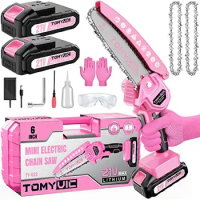 6-Inch Cordless Electric Chainsaw 21V Battery Powered Pink Handheld Mini Chainsaw with 2 Batteries Lightweight Design Easy