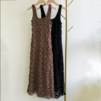 【MANI 瑪尼】韓版 特殊勾花造型顯瘦長洋裝-兩色 黑色.咖啡色(針織洋裝)