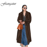Ftangaiur Winter Coat For Women Import Velvet Mink Fur Coat Women's Turn-Down Collar Loose Pure Color Real Mink Fur X-Long Coats