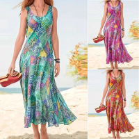 Gaun Wanita, Bahan Poliester, Skirt Panjang Bercetak, Gaun Anduh Pantai Bohemia Musim Panas, Untuk W
