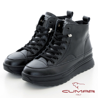 【CUMAR】素面彈力綁帶高筒厚底休閒鞋-黑