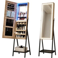 Mirror Jewelry Cabinet Standing with LED, with Built-in Makeup Mirror &amp; Lights, Jewelry Armoire Cabinet for Necklaces Cosmetic