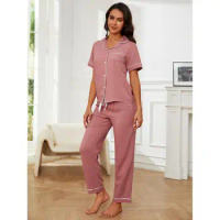 Pajama women's spring solid color short sleeved long pants home clothing two-piece set for women sleepwear women pyjama