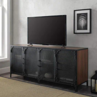 TV cabinet, 4-door metal mesh TV console, suitable for 65 inch deep walnut wood TV storage cabinet