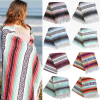 Ethnic Mexican Style Geometric Tassel Picnic Blanket Towel Tassels Throw Rug Mexican Style Tablecloth Hanging Tapestry for Sofa