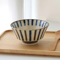 【Just Home】日本製棕藍十草線條陶瓷5吋高腳碗(日本製 碗盤 點心碗 多用井 小丼碗)