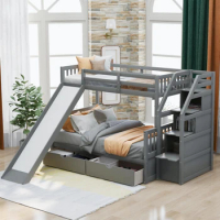 Twin over Full Bunk Bed, children's double bed with storage stairs and slide, small family sisters bed, multi-function loft bed