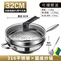 全城熱賣 - 凹面電磁爐專用鍋圓底316不銹鋼炒鍋不粘鍋家用煤氣灶尖底炒菜鍋32cm圓底炒鍋+蓋+格（帶側耳）【316鋼 雙面不粘】