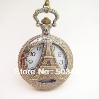 Hot Seller Eiffel Tower Design Pocket Watch Vintage Ladies Watch Fashion Quartz Pocket Watch,Bronze Color Pocket Watch100pcs/lot