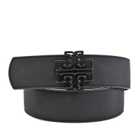 【TORY BURCH】黑色鏤空LOGO雙面用寬版皮帶-黑/霧黑