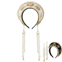 Renaissance Tudor Crown Headpiece Beads Chain Royal French Women Medieval Elizabethan Hood Coronet Tiara Headband