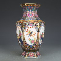 景德鎮陶瓷器擺件乾隆琺瑯彩六方瓶仿古瓷器古董古玩玄關干花花瓶