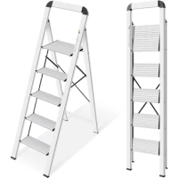 KINGRACK Aluminium 5 Step Ladder, Lightweight Step Stool with Non-Skid Pedals, Handrail, Foldable Step Ladder for Kitchen, Garag