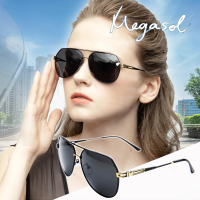 【MEGASOL】UV400防眩偏光太陽眼鏡時尚中性飛行員墨鏡(帥氣金屬鏤空鏡架0956-5色選)