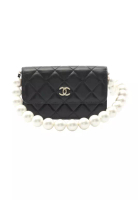CHANEL Pre-Loved Chanel matelasse pearl chain shoulder wallet lambskin black gold hardware