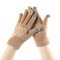 冬季保暖手套女毛線五指觸屏加絨加厚針織女士戶外騎車開車手套