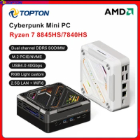 TOPTON Cyberpunk Gamer PC AMD Ryzen 7 8845HS 7840HS 7735HS Mini PC RGB Light DDR5 2.5G LAN USB4.0 Mini Computer 8K NUC WiFi6