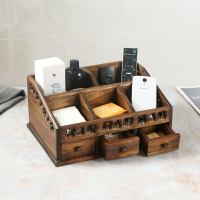泰國實木化妝品收納盒梳妝臺護膚品桌面抽屜紙巾盒復古多格化妝盒