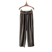 24 Spring and summer new linen pants 100% linen fabric free woven belt spodnie damskie high waist pants linen pants
