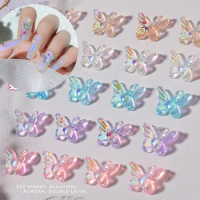 50/10/5Pcs Gold/Silver Butterfly Nail Art Jewelry Charms Crystal 3D Aurora Butterfly Charms Alloy Resin Nail Rhinestones 2022#JE