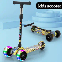 Foldable Children Scooter Adjustable Height with Flash Wheels Kids Scooter Widened Pedals Lightweight 3 Wheel Scooter
