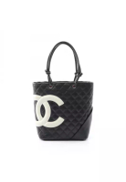 Chanel Pre-Loved Chanel Cambon line Medium Handbag tote bag leather black white silver hardware