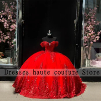 Luxury Shiny Red Lace Quinceanera Dresses Ball Gown 2024 Sparkle Sequins Tulle Beaded Bow Mexican Sweet 16 Dress Birthday Dress