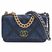 CHANEL香奈兒 19系列經典雙C LOGO菱格縫線單寧布仿舊金色鍊帶WOC手提/斜背包(牛仔深藍色)