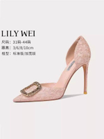 Lily Wei中空高跟鞋細跟尖頭方扣春夏新款小碼女鞋313233時裝涼鞋
