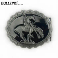 The Bullzine Horse belt buckle with black enamel with pewter finish FP-02242 suitable for 4cm width belt