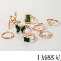 【I MISS U】歐美時尚民族風K字蝴蝶美鑽戒指8件套組(K字戒指 蝴蝶戒指 美鑽戒指)