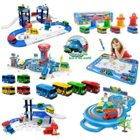 The Tayos Little Bus Pull Back Cartoon Bus Parking Lot Toys Childrens Matching Track Minibus Alloy Car Collection Of Tayo Scene