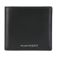 ALEXANDER McQUEEN印花白字LOGO質感皮革8卡對開短夾(黑)