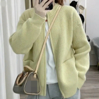 Knitted cardigan women's spring new Korean round neck slimming solid color double zipper short jacke