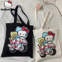 New Hello Kitty Women Canvas Bag Sanrio Large Capacity Cartoon Y2k Shoulder Bag Fashion Biker Style Student Handbag Shopping Bag