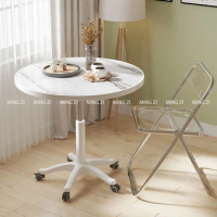 Modern Round Dining Table, Liftable Leisure Table with Marble Texture, Movable Coffee Table for Kitchen Dining Party Picnic