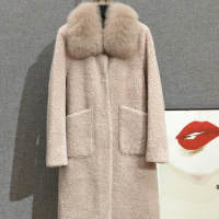 [Special price]Fox fur collar, large pocket, medium length lamb fur coat, fur and fur integrated fur coat for women