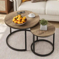 Nesting Coffee Table Set of 2, 23.6" Round Coffee Table Wood Grain Top with Adjustable Non-Slip Feet, Industrial End Tabl