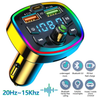 Wireless FM Transmitter Adapter Car Bluetooth 5.0 PD Type-C Dual USB Fast Charger Colorful Ambient Light Cigarette lighter Auto