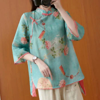 2024 Woman Traditional Chinese Clothing Top Retro Flower Print Hanfu Top Women Tops Elegant Oriental Tang Suit Chinese Blouse