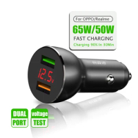 Dual USB Car Charger For OPPO rone6 A95 K9 VOOC Oneplus 7 Realme GT Fast Charging Charger LED Display Mobile Phone Charger 65W