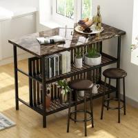 Bar Table and Chairs Set,Counter Height Table with Storage Shelf, 3 Piece Dining Set Kitchen Set for 2,Marble Dining