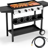 4 Burner Portable Propane Griddle with Electronic Ignition 20000 BTU Rolling Flat Top Gas Grill with Nonstick Enameled Tray