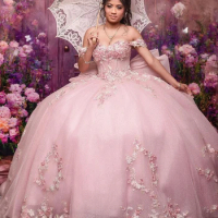 Glitter Pink Quinceanera Dress 2024 Mexican Applique Lace Florals Sweet 15 Dress Vestidos 15 Para Xv Birthday Party Plus Size