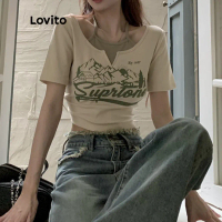 เสื้อยืดคอกลมสั้น VES สำหรับผู้หญิง เสื้อยืดลำลองตัดตัวอักษรสีบล็อก lna10015 (แอปริคอท) lna10015 (แอ