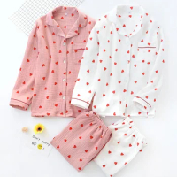 Cotton Women's Crepe Pajama Set Love Print Spring Ladies Sleepwear 2 Pcs with Pant Long Sleeve Home Clothes for Female
