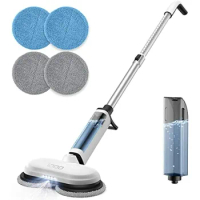 Cordless Electric Mop, iDOO Dual-Motor Electric Spin Mop with Transparent Water Tank &amp; LED Headlight, Electric Floor Cleaner
